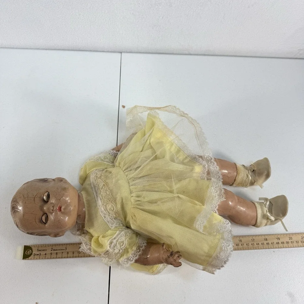 Antique Composition Baby Doll‎ Blue Sleepy Eyes Dress Shoes Socks Creepy Haunted